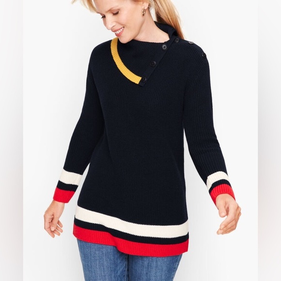 Talbots Navy/Red/Yellow Asymmetrical Split Turtle Neck Sweater Size XS - Picture 1 of 12